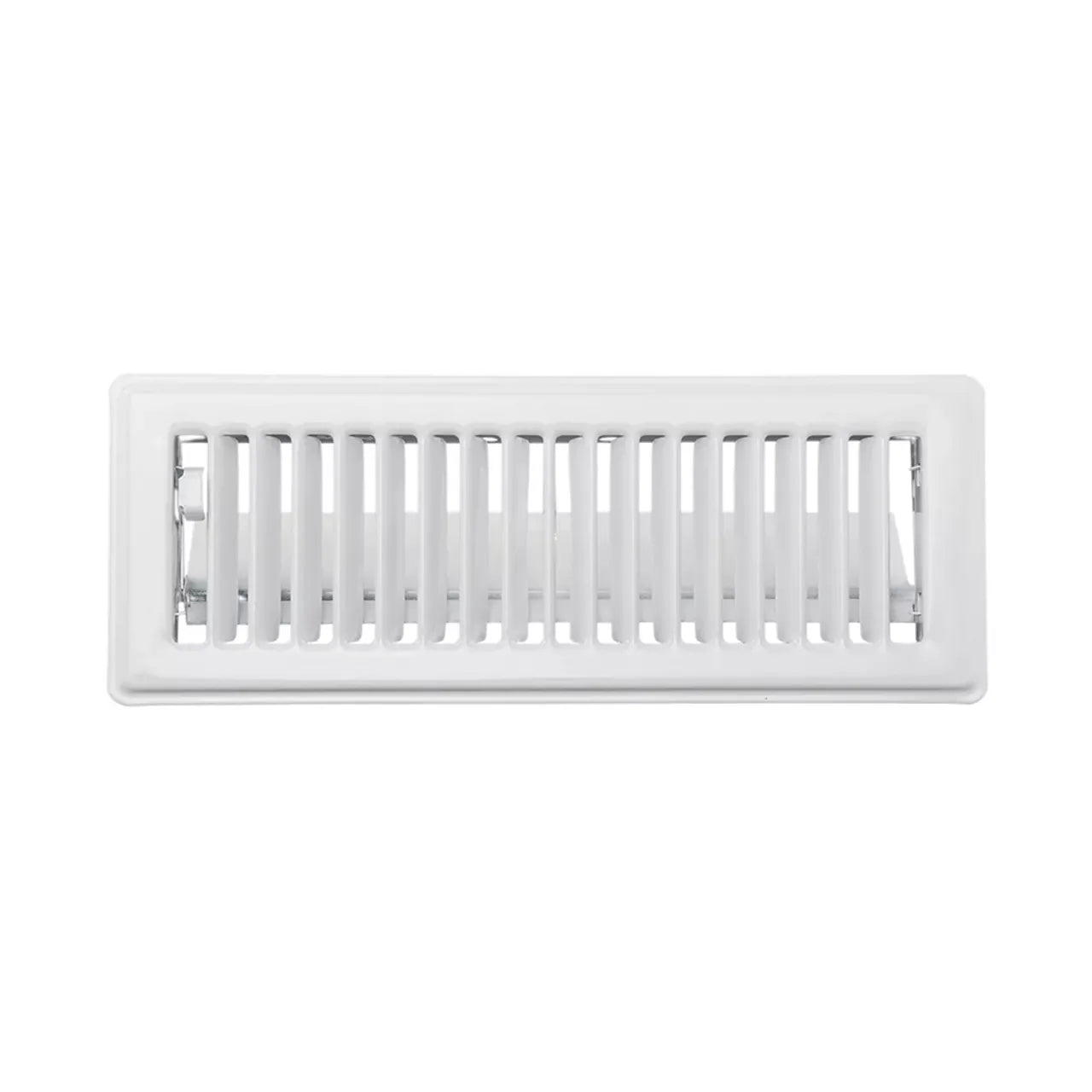 The Go Build 4 in. x 10 in. White Steel Floor Register features parallel slats and a powder-coated finish, shown from the front against a plain background.